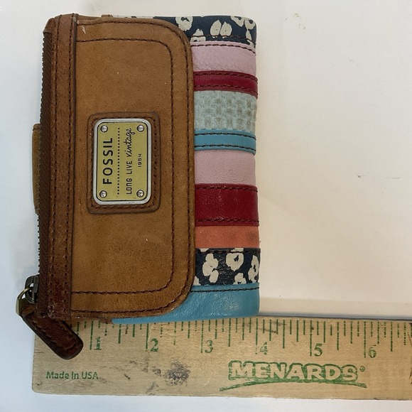 Vintage Fossil Mini Card Holder Coin Wallet Patchwork Brown Leather - Picture 5 of 13